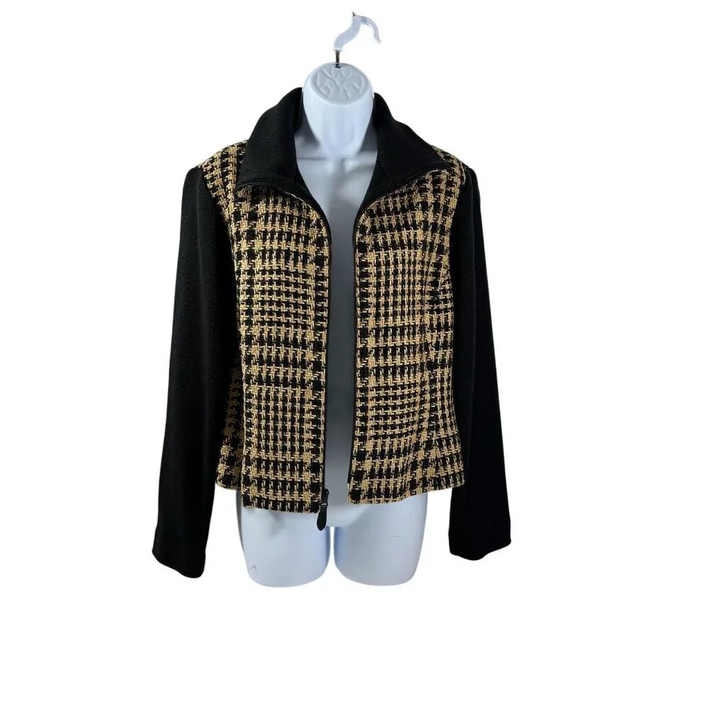 Vintage Emil‎ Rutenburg Womens Houndstooth Cardigan Jacket Black & Camel Size L